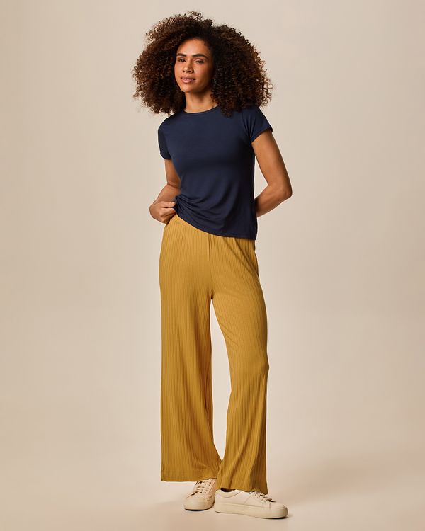 Calça Wide Leg Feminina Cintura Alta Em Malha Canelada De Viscose Amarelo - P