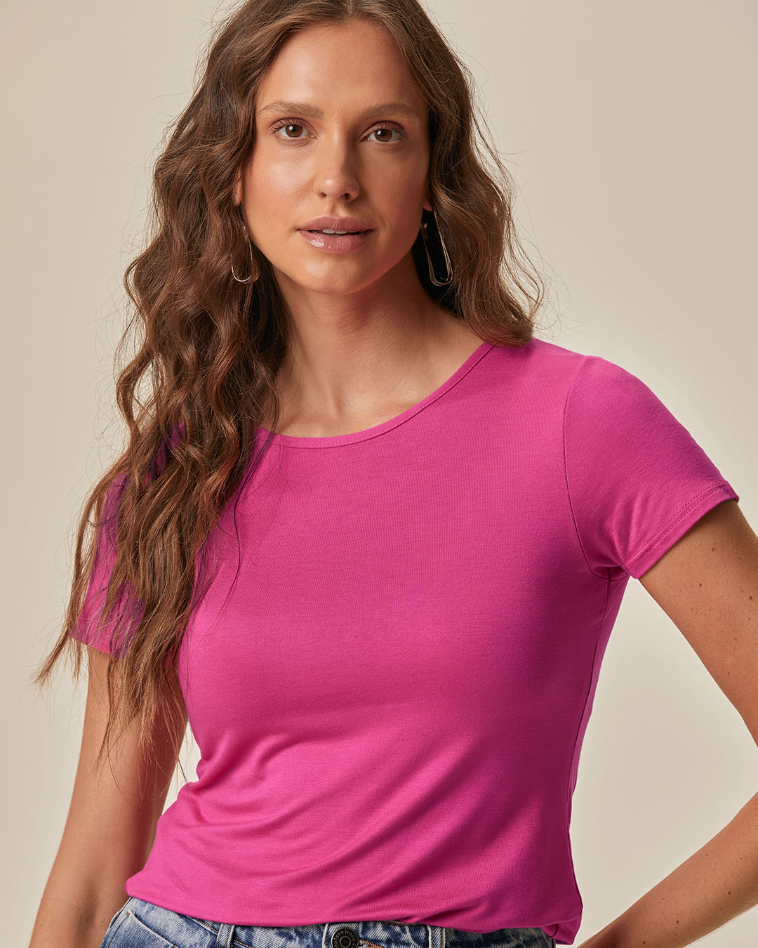 Blusa Básica Feminina Decote Redondo Em Viscose Stretch - Rosa - XGG