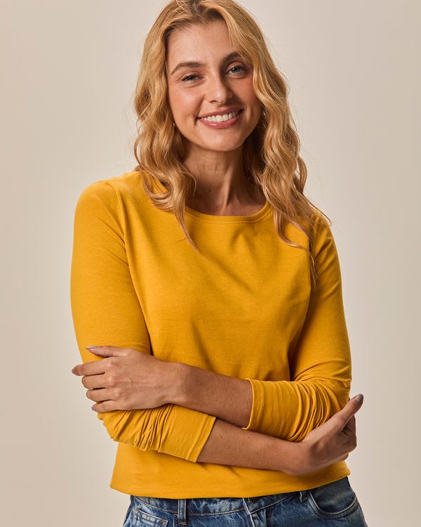 Blusa Básica Feminina Decote Redondo Manga Longa Em Algodão Amarelo - PP