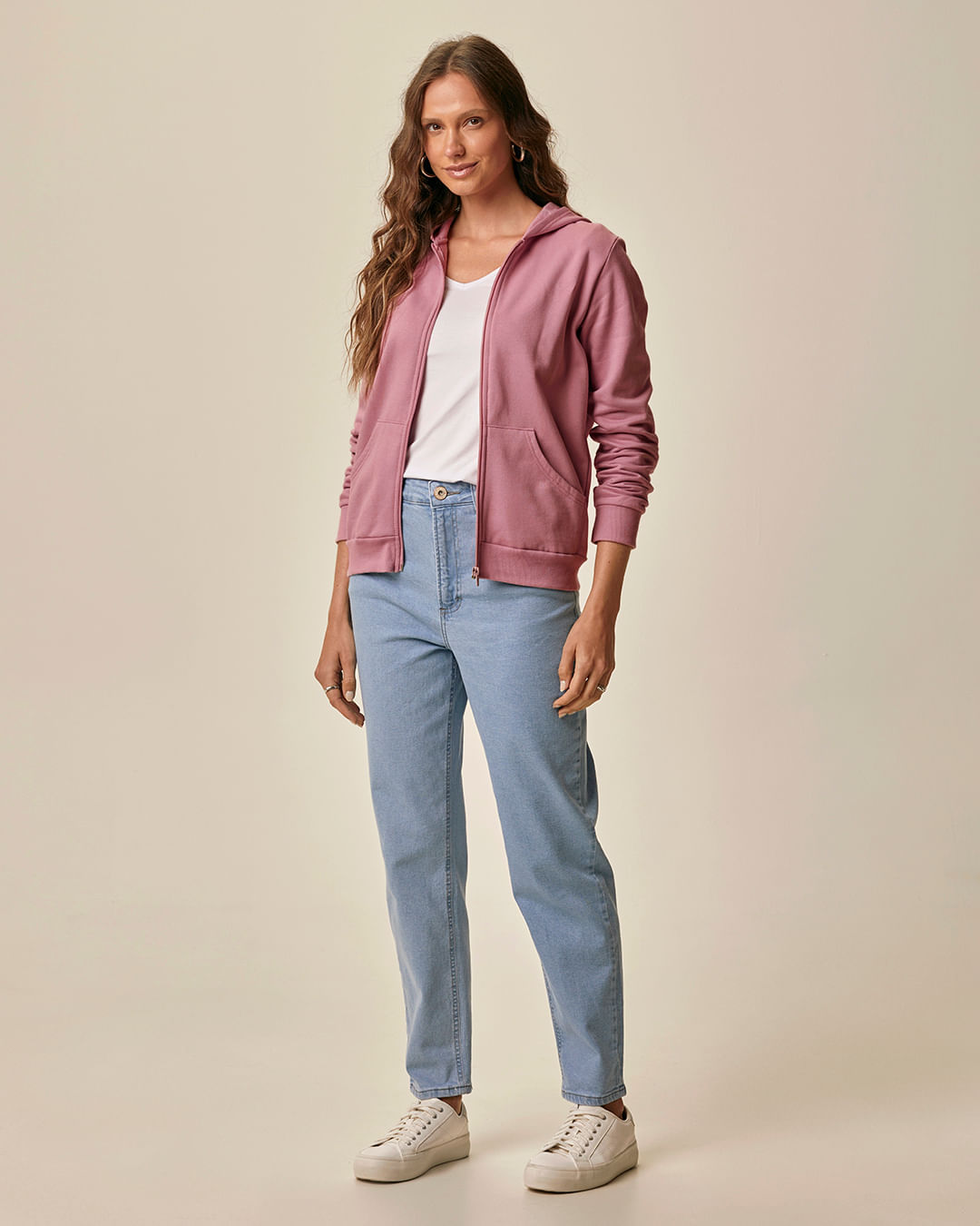 Jaqueta Básica Feminina Com Capuz Moletom Flanelado - Rosa - P