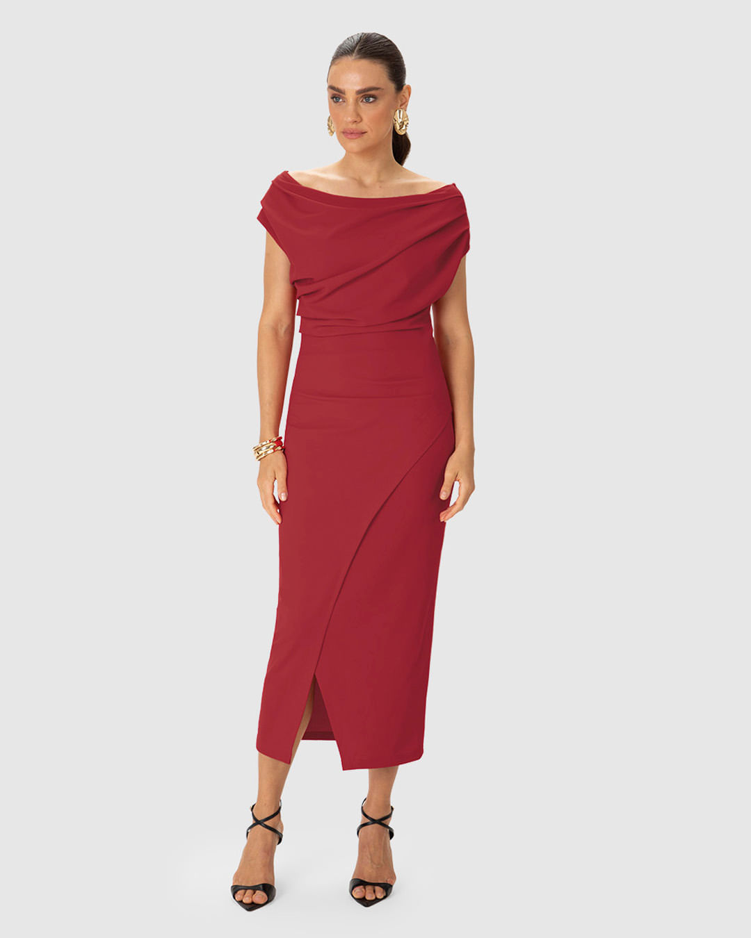 Vestido Midi Feminino Reto Transpassado Fenda Em Malha Creponada - ENFIM