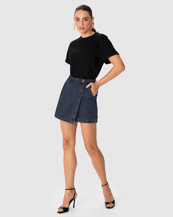 Shorts Saia Feminino Evasê Cintura Média Em Jeans 100% Algodão - ENFIM Azul - 34