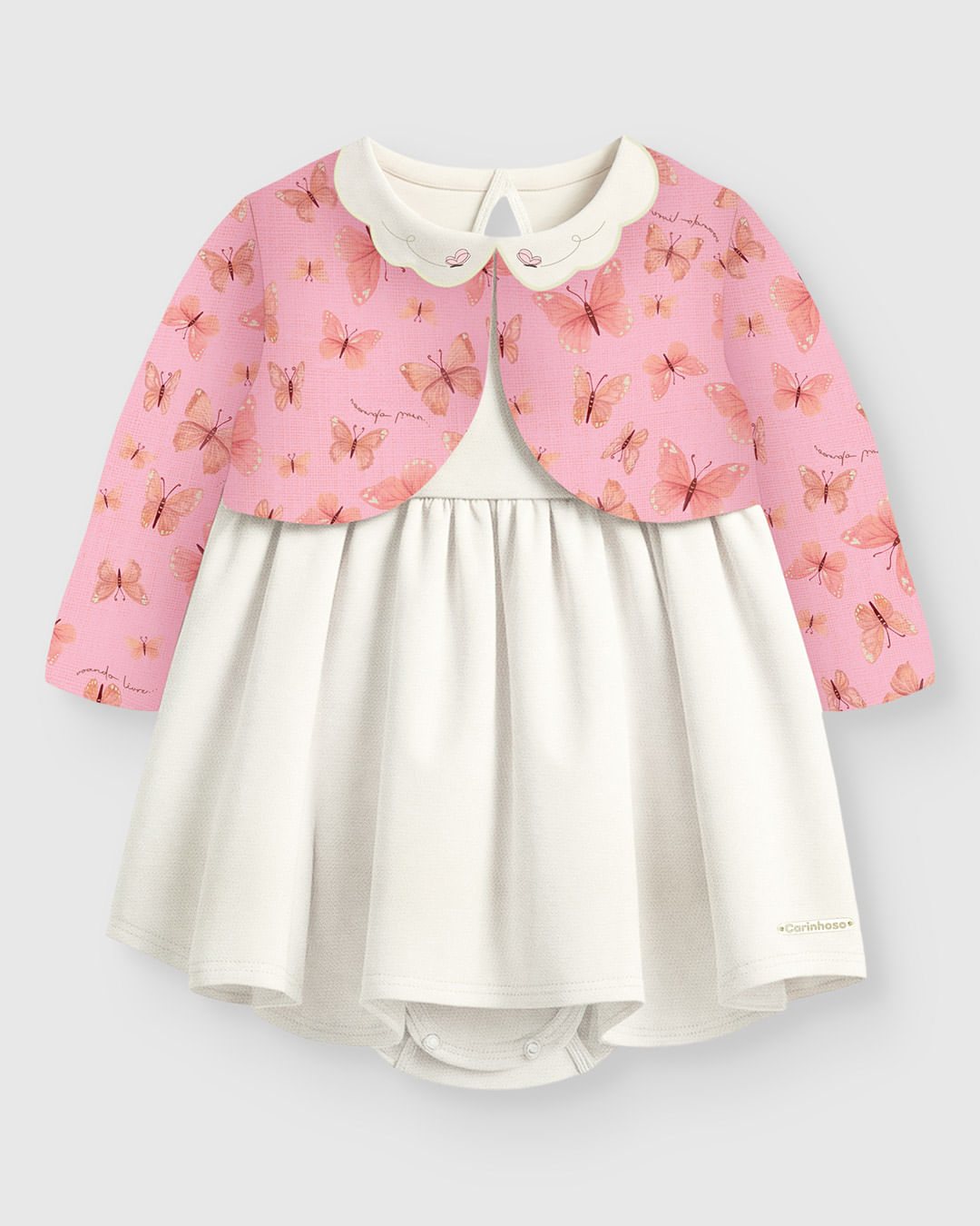 Conjunto Bebê Menina Casaco Estampado E Vestido Em Algodão - Carinhoso - Off White - 9M