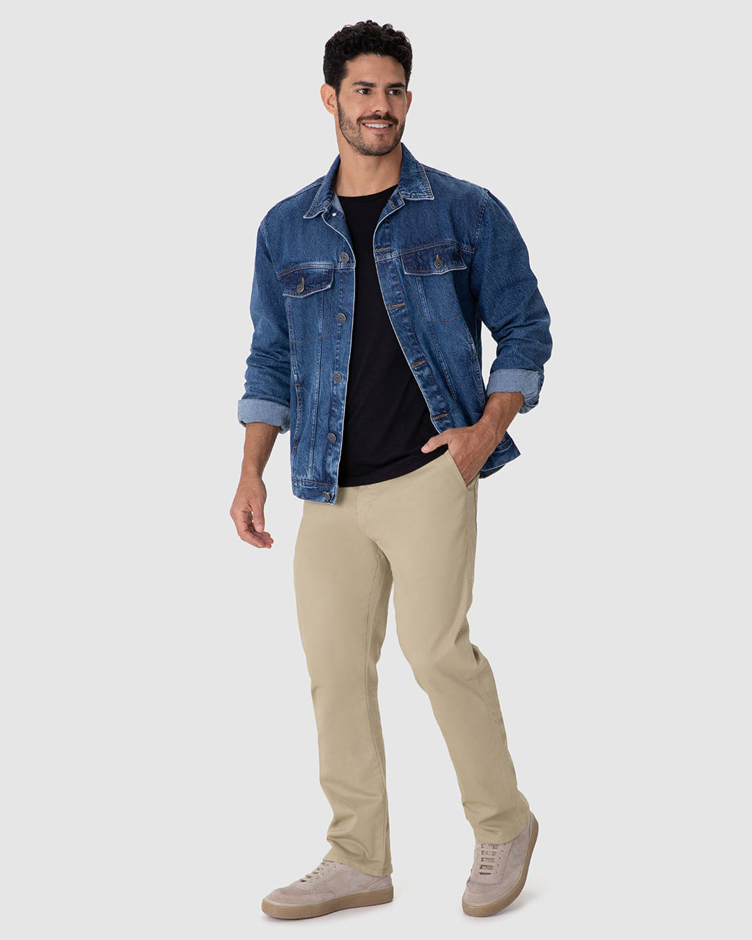 Calça Masculina Reta Cintura Média Em Sarja Com Elastano