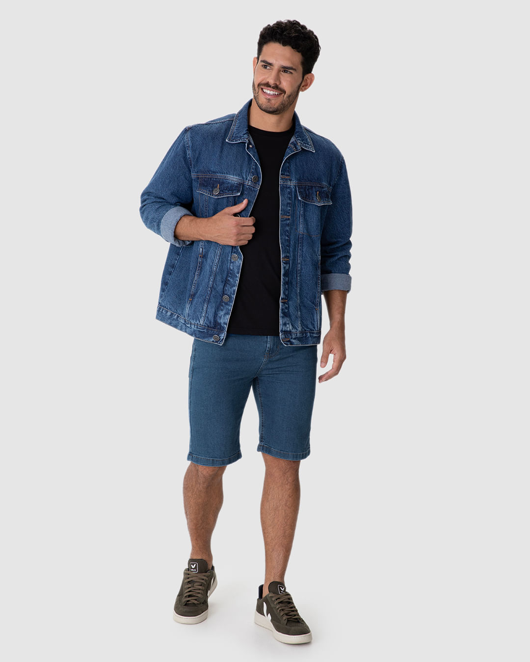 Bermuda Slim Masculina Cintura Média Bolso Funcional Em Jeans Stretch