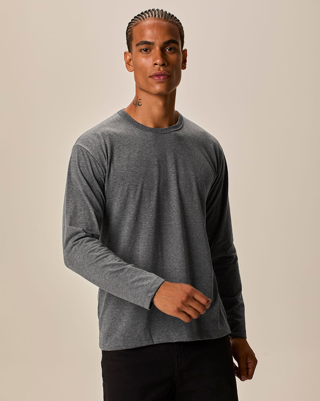 Camiseta Básica Masculina Manga Longa Em Algodão - Cinza - PP