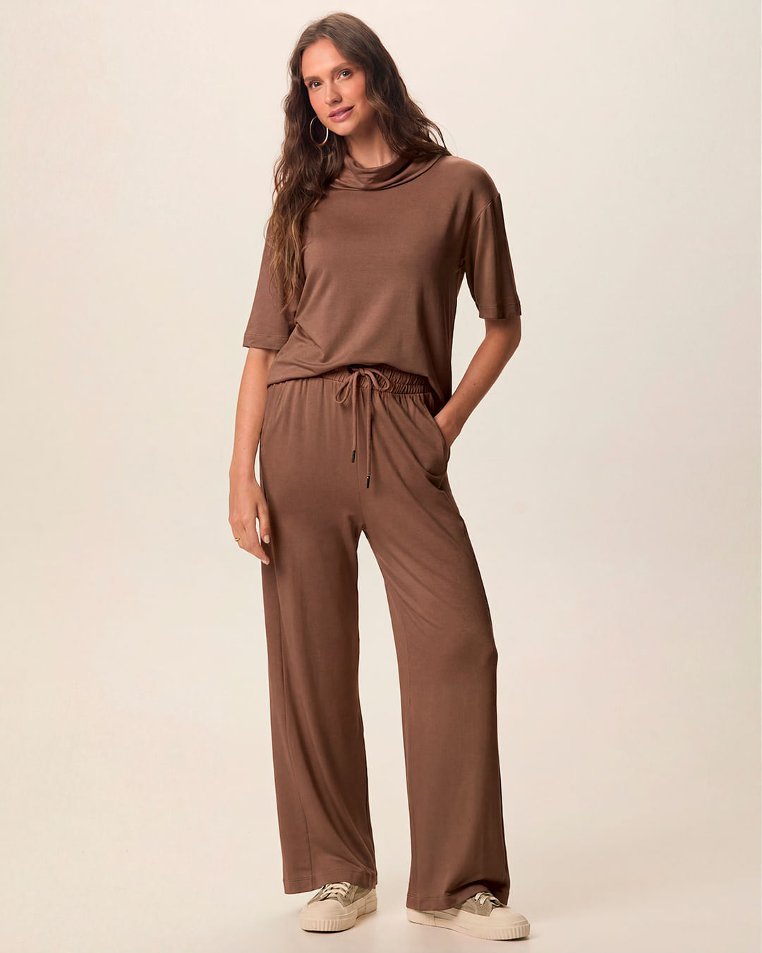 Conjunto Feminino Blusa Gola Alta E Calça Bolso Faca Em Moletinho De Viscose