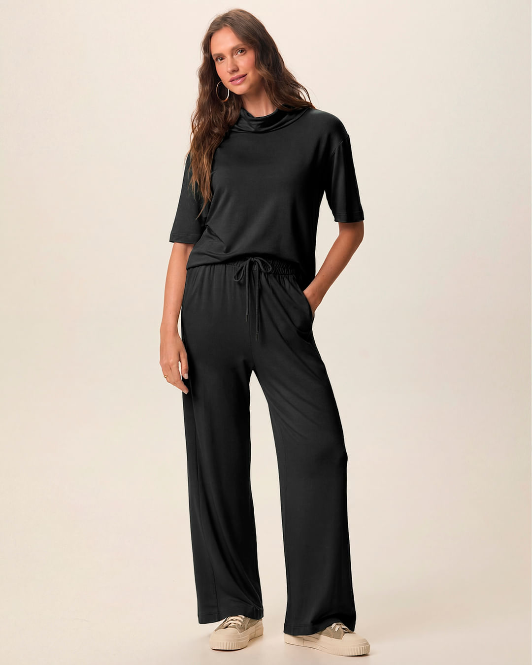 Conjunto Feminino Blusa Gola Alta E Calça Bolso Faca Em Moletinho De Viscose