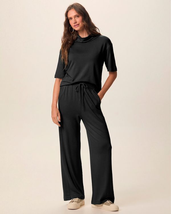 Conjunto Feminino Blusa Gola Alta E Calça Bolso Faca Em Moletinho De Viscose Preto - G