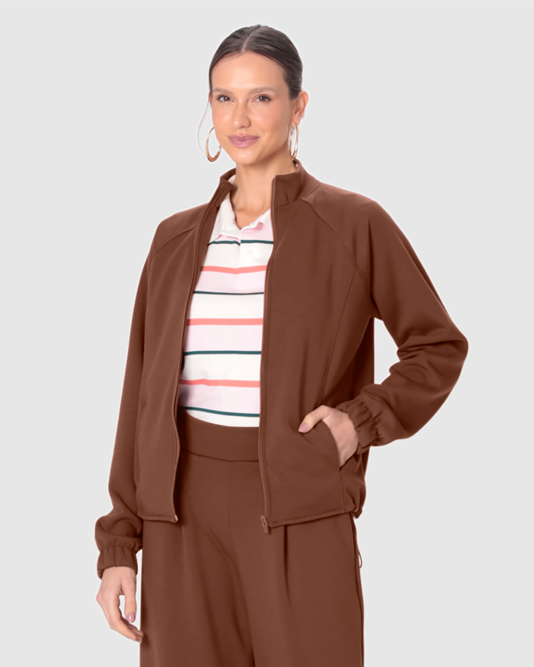 Jaqueta Feminina Bomber Gola Alta Barra Com Regulagem Em Malha Suedine Premium