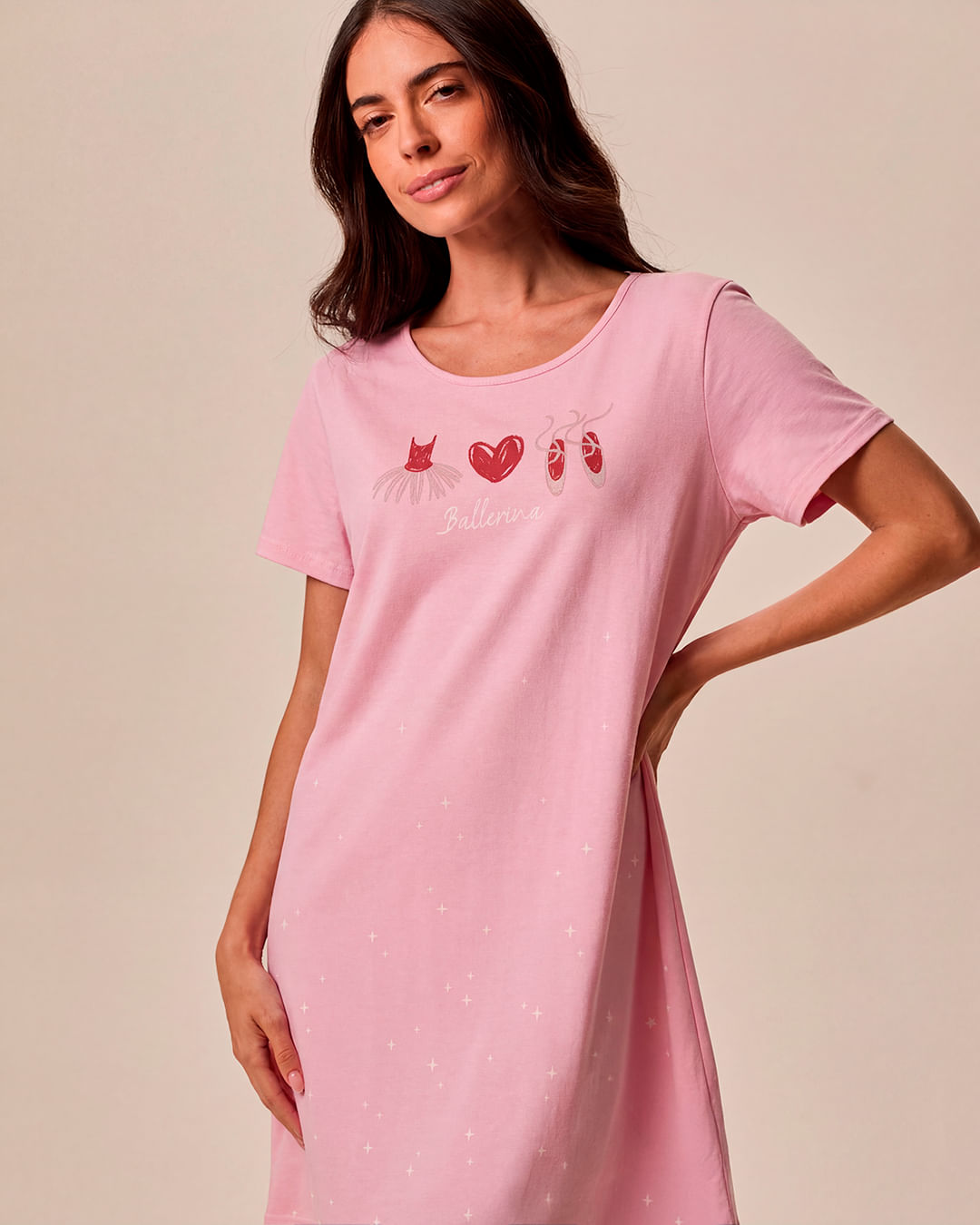 Camisola Feminina Manga Curta Estampa Balletina Em Meia Malha 100% Algodão