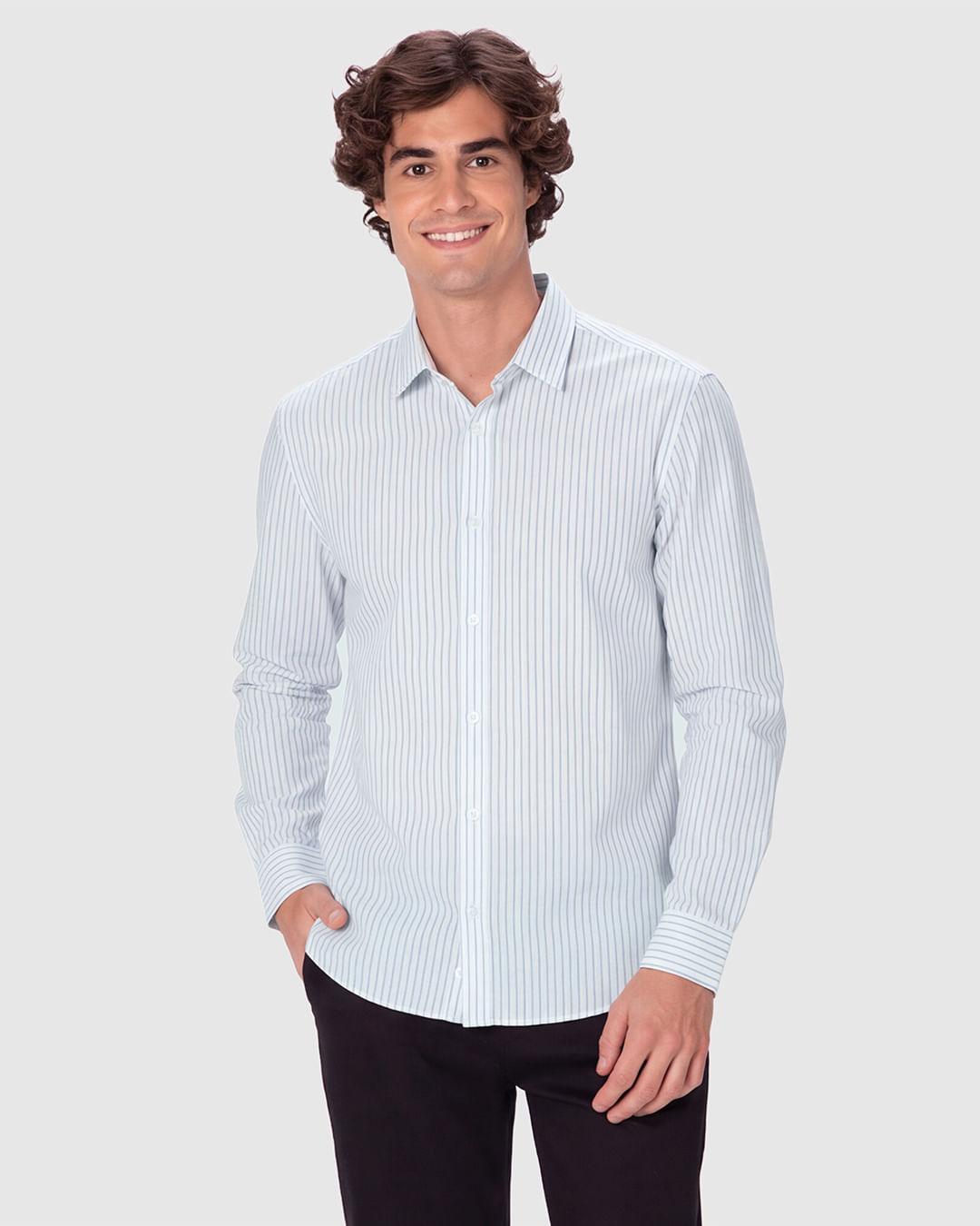 Camisa Masculina Regular Listrada Manga Longa em Tecido Algodão