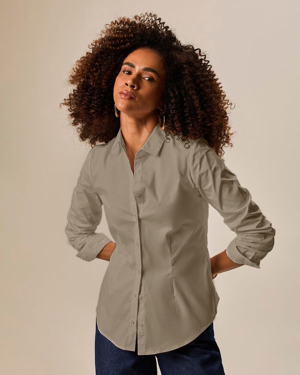 Camisa Básica Feminina Manga Longa Em Tricoline Marrom - P