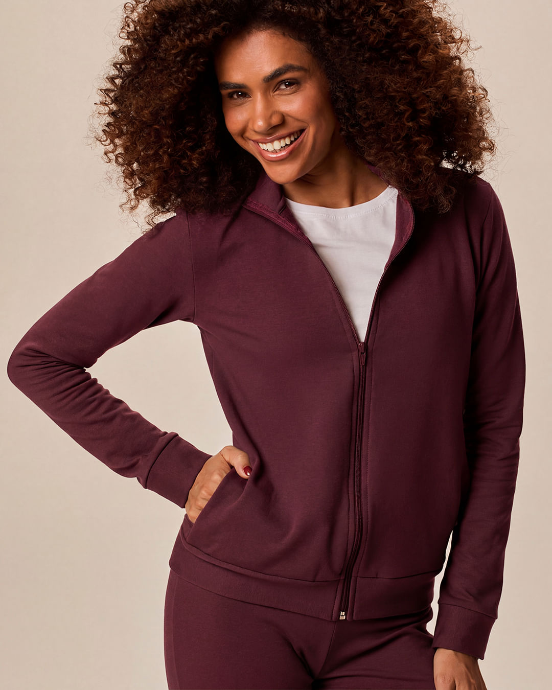 Conjunto Feminino Jaqueta Gola Alta Em Moletom Stretch Flanelado