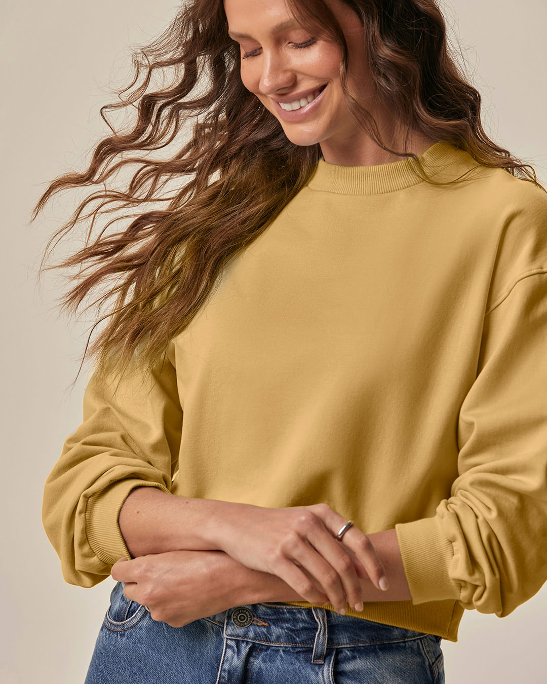 Blusão Básico Feminino Cropped Em Moletom Stretch Flanelado