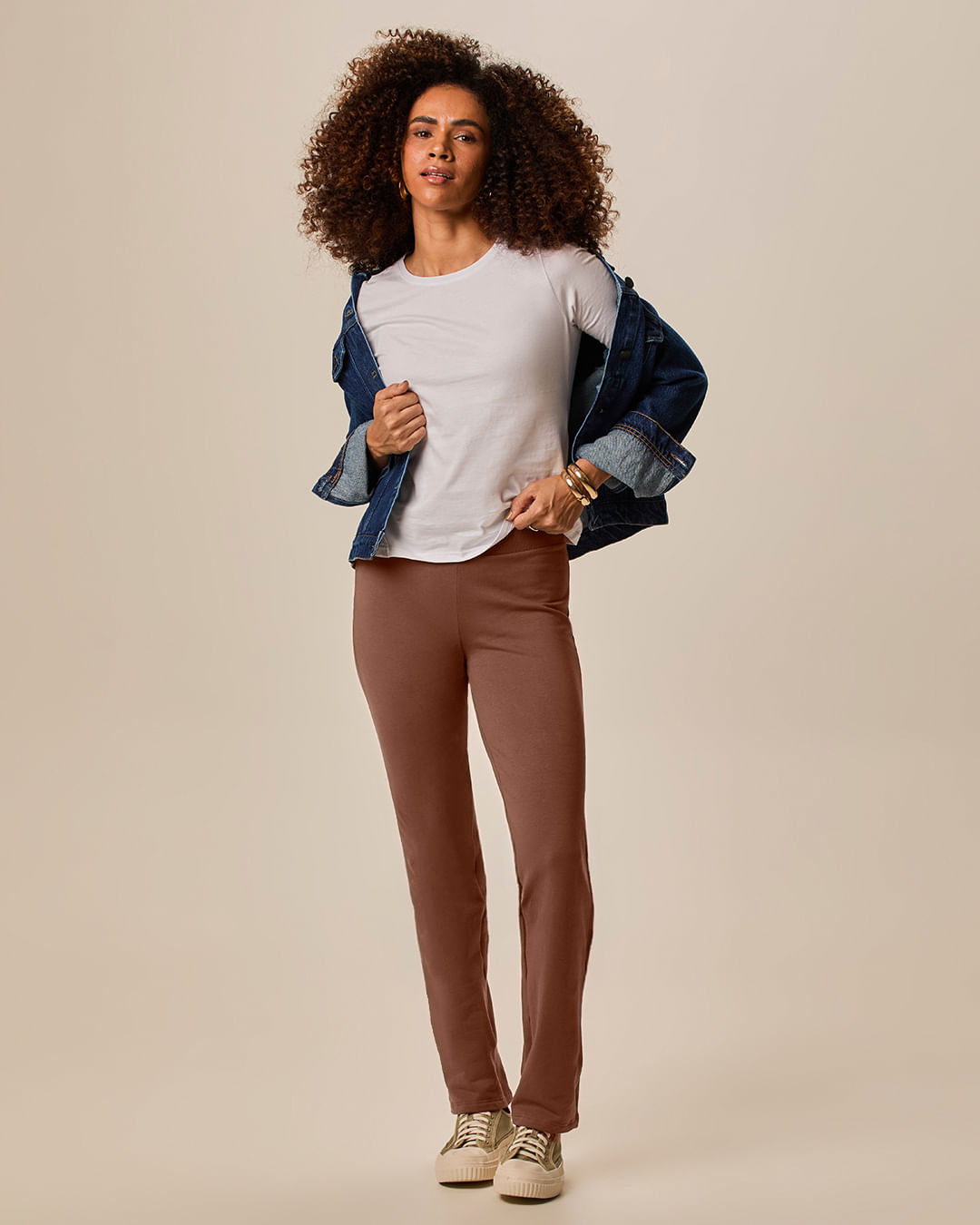 Calça Básica Feminina Cós Elástico Em Moletom Stretch Flanelado