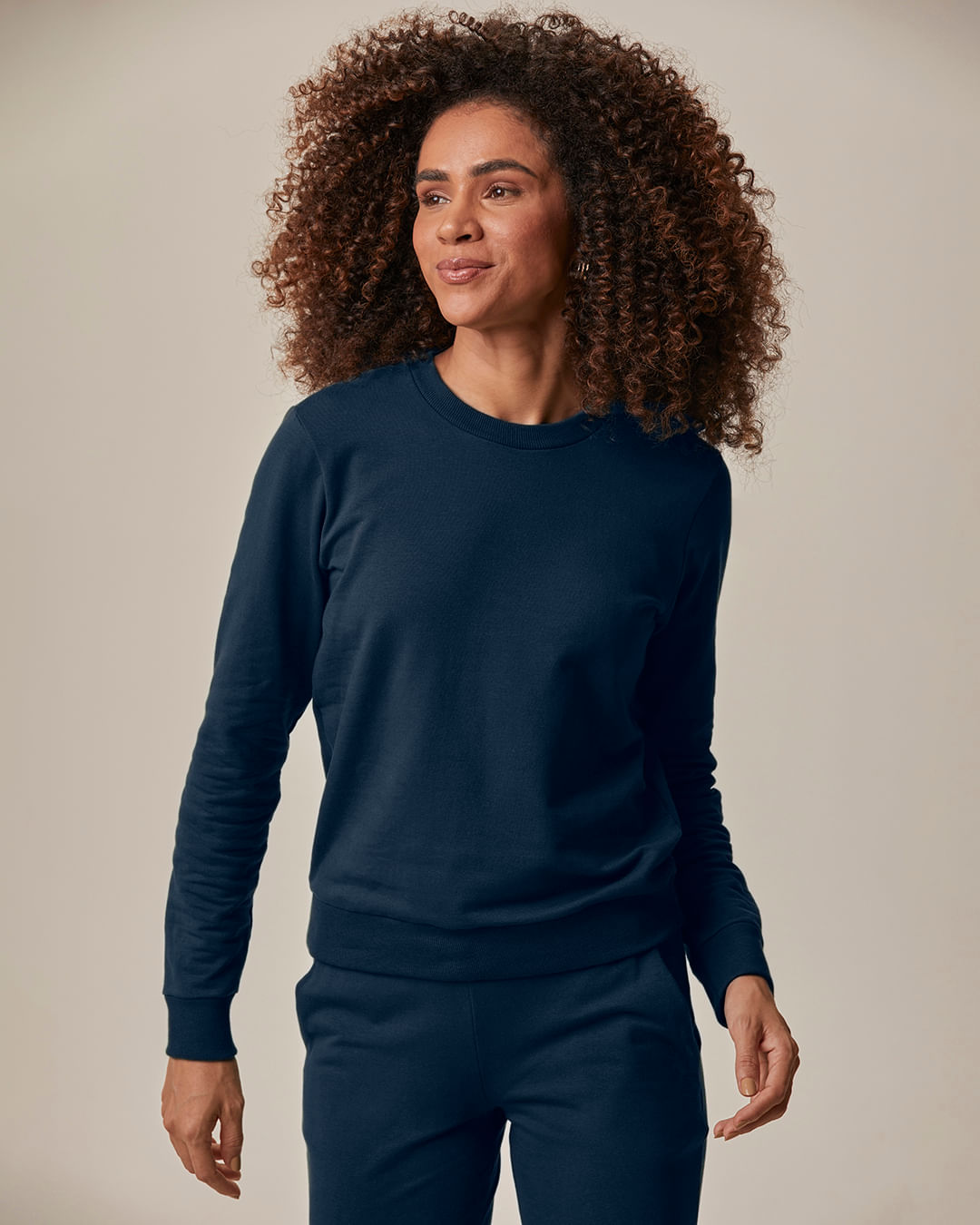 Blusão Básico Feminino Decote Redondo Em Moletom Stretch Flanelado - Azul - PP