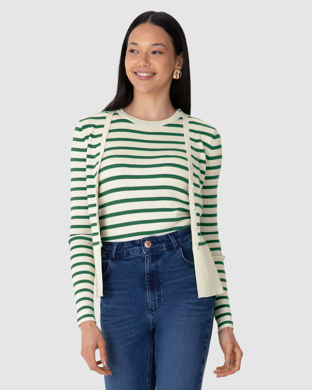 Cardigan Feminino Listrado Detalhe Fenda Lateral em Tricô