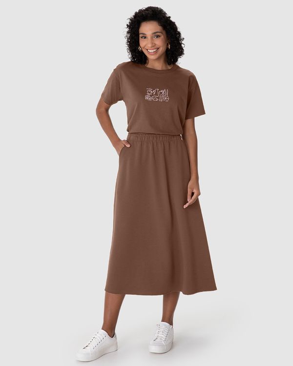 Saia Midi Feminina Bolso Funcional Em Malha Suedine Premium Marrom - P