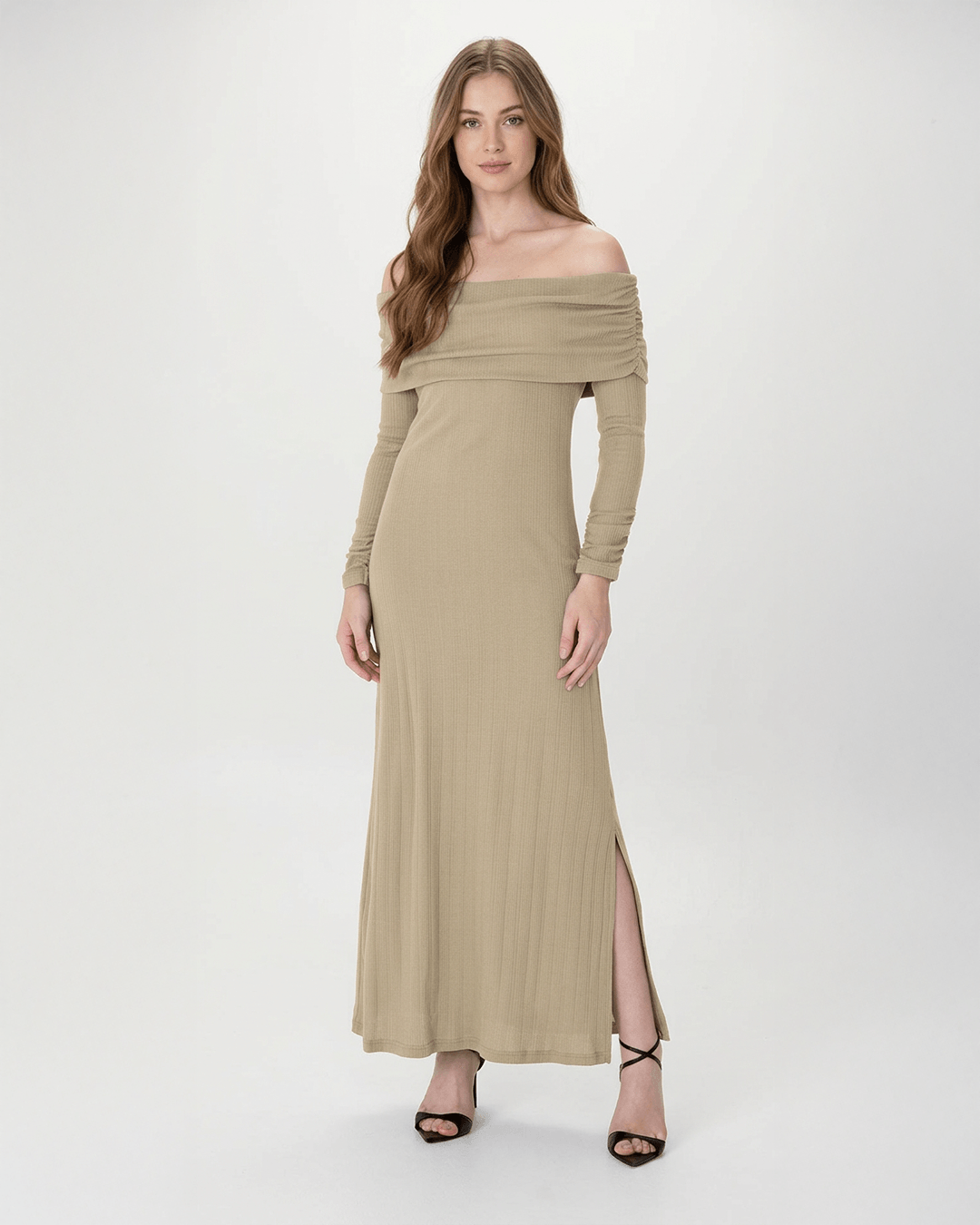 Vestido Midi Feminino Ombro A Ombro Manga Longa Em Tricô Jacquard - ENFIM
