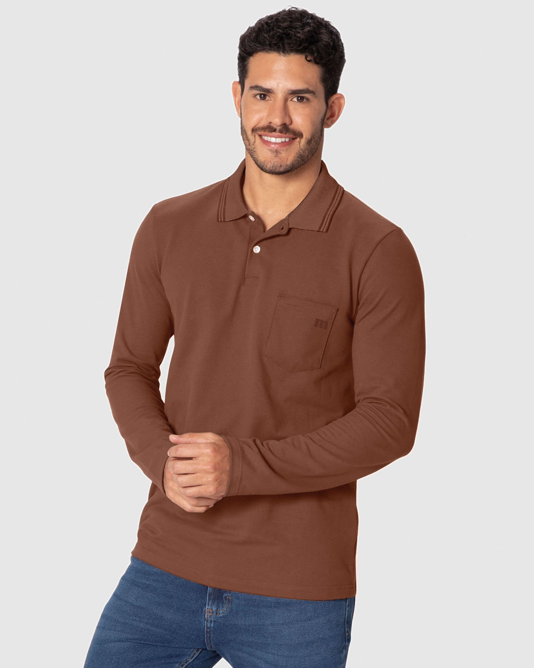 Camisa Polo Básica Masculina Bolso Frontal Manga Longa Em Piquet Premium
