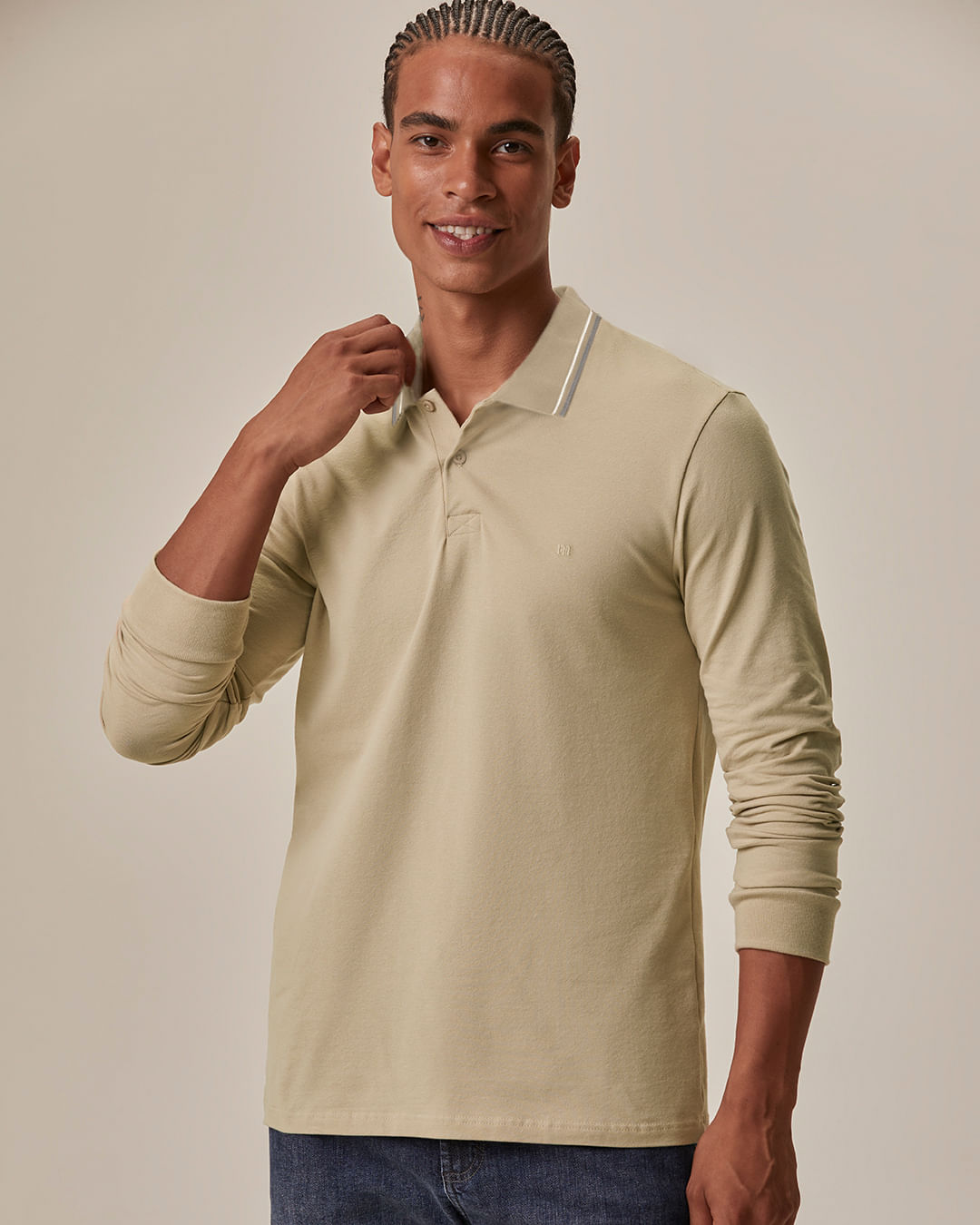 Camisa Polo Básica Masculina Gola Retilínea Manga Longa Em Piquet Stretch