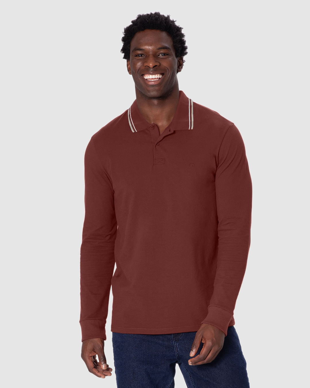 Camisa Polo Básica Masculina Gola Retilínea Manga Longa Em Piquet Stretch