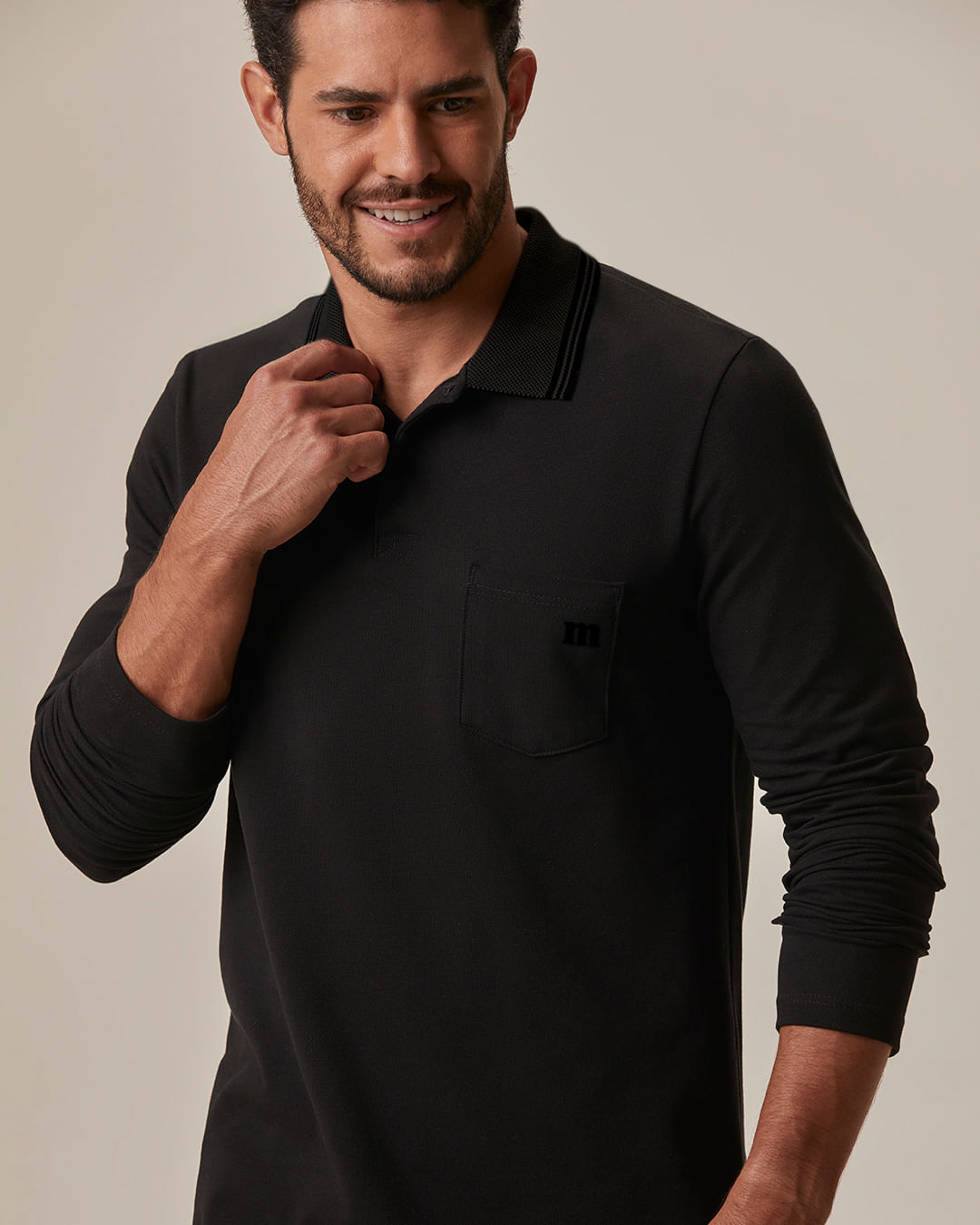 Camisa Polo Básica Masculina Bolso Frontal Manga Longa Em Piquet Premium