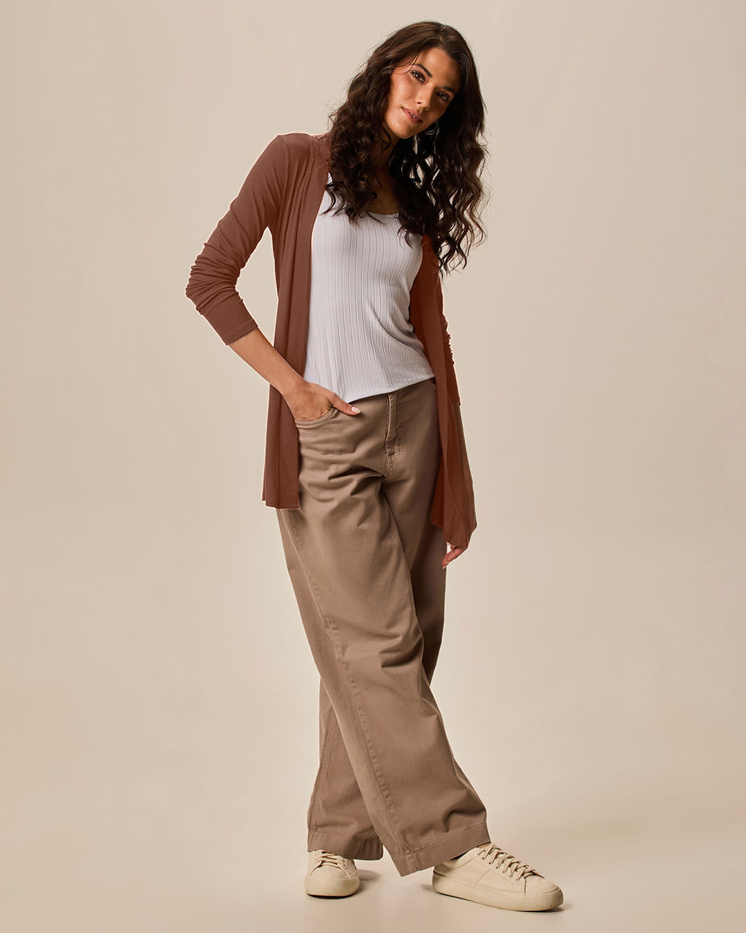Cardigan Feminino Manga Longa Em Malha Canelada De Viscose