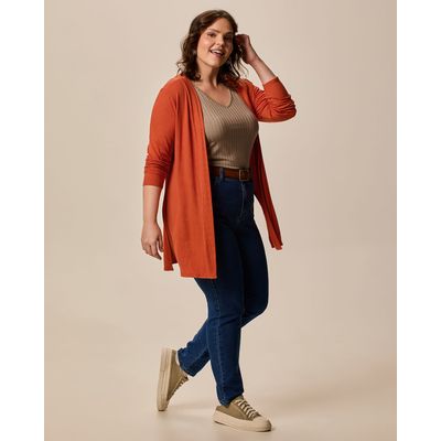 Cardigan Feminino Plus Size Amplo Em Malha Canelada De Viscose