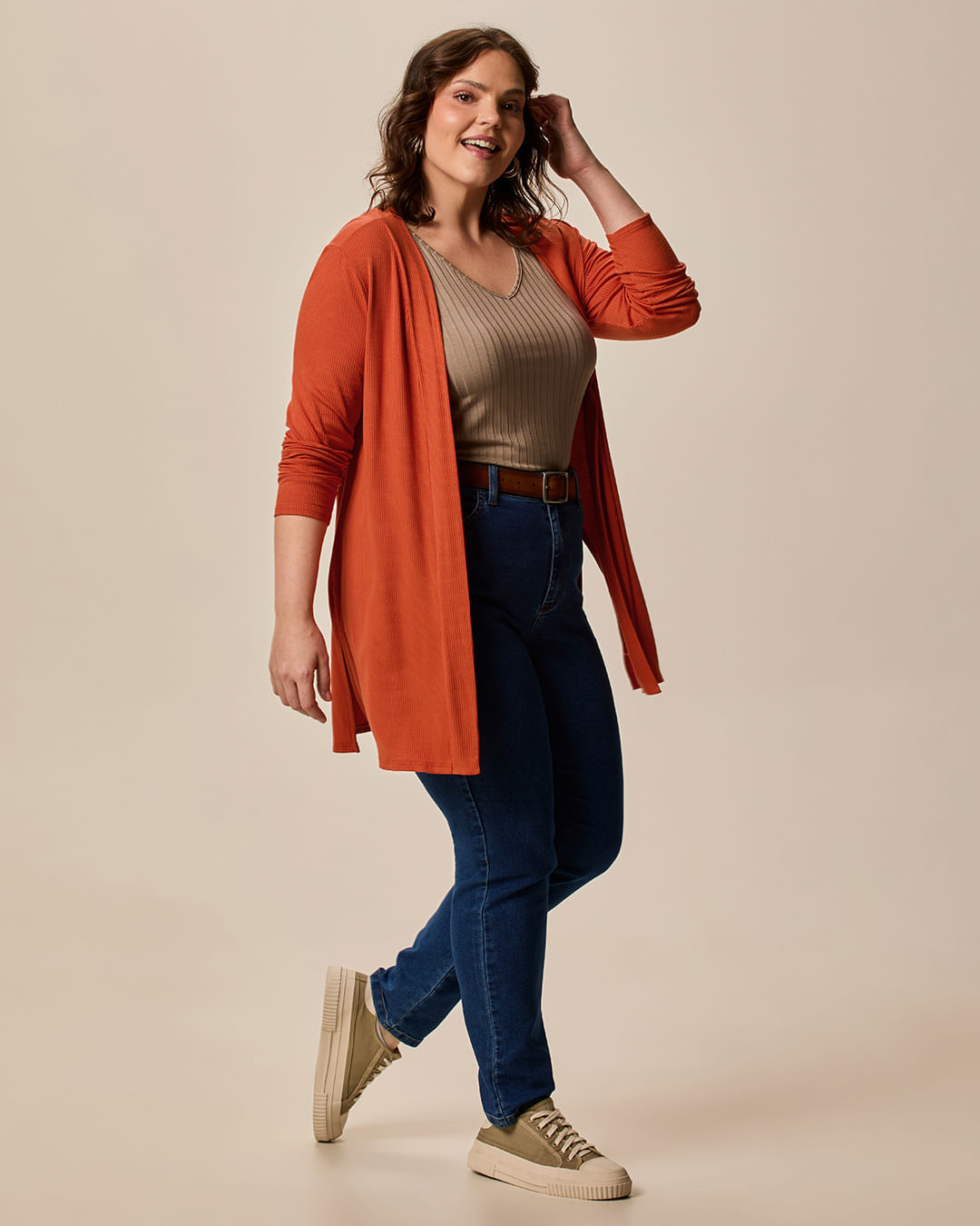 Cardigan Feminino Plus Size Amplo Em Malha Canelada De Viscose