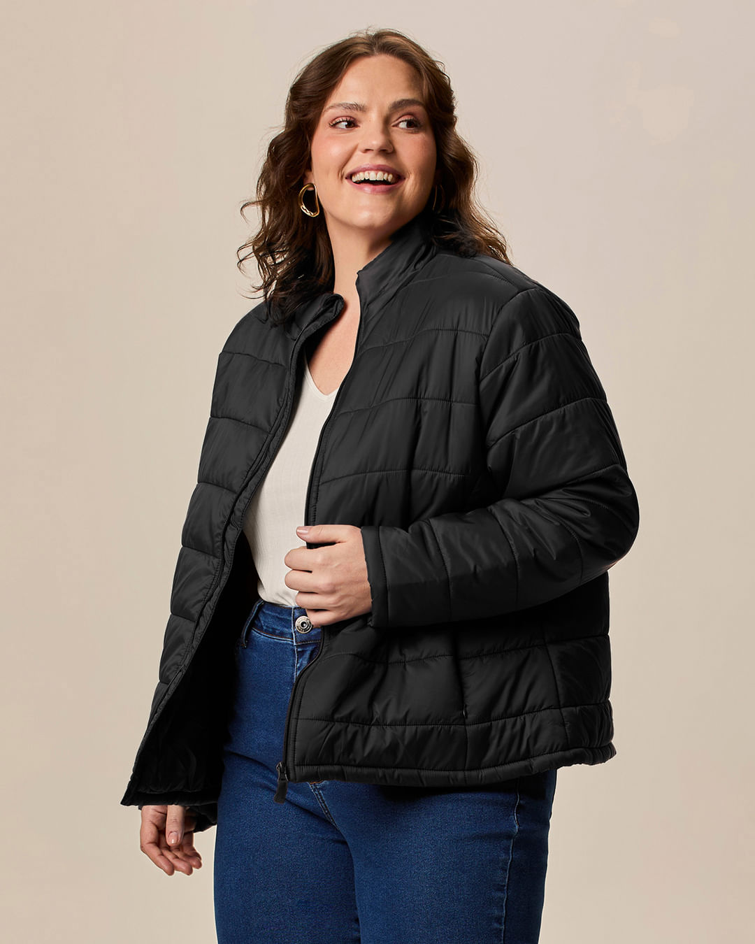 Jaqueta Básica Feminina Plus Size Puffer Gola Alta Em Nylon