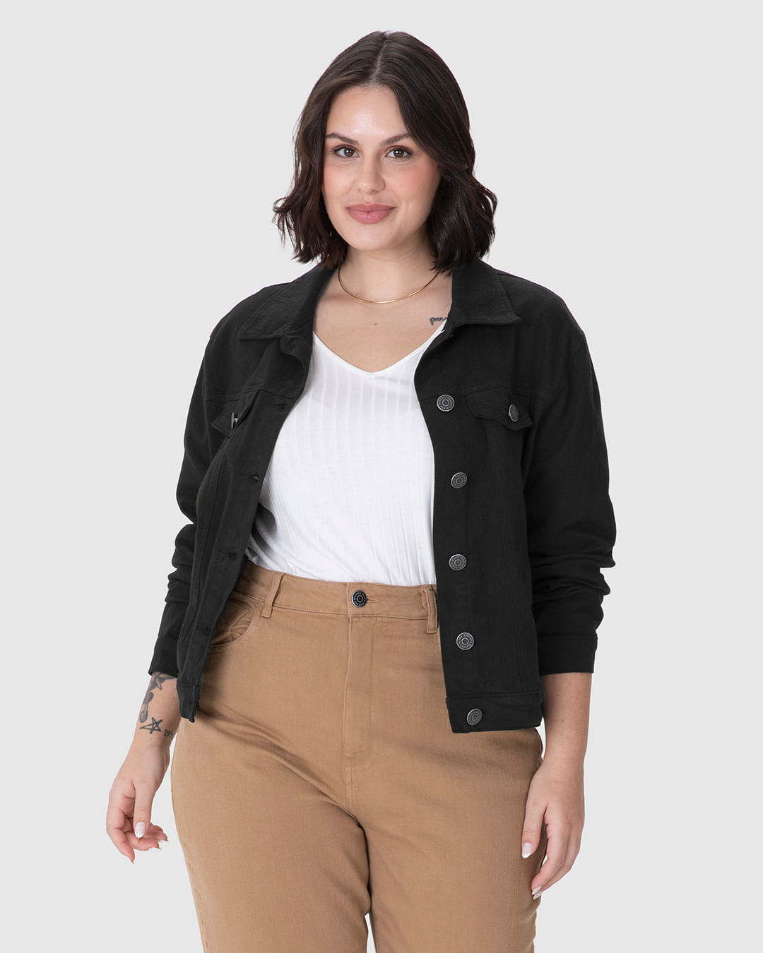 Jaqueta Feminina Plus Size Tradicional Em Sarja Com Elastano
