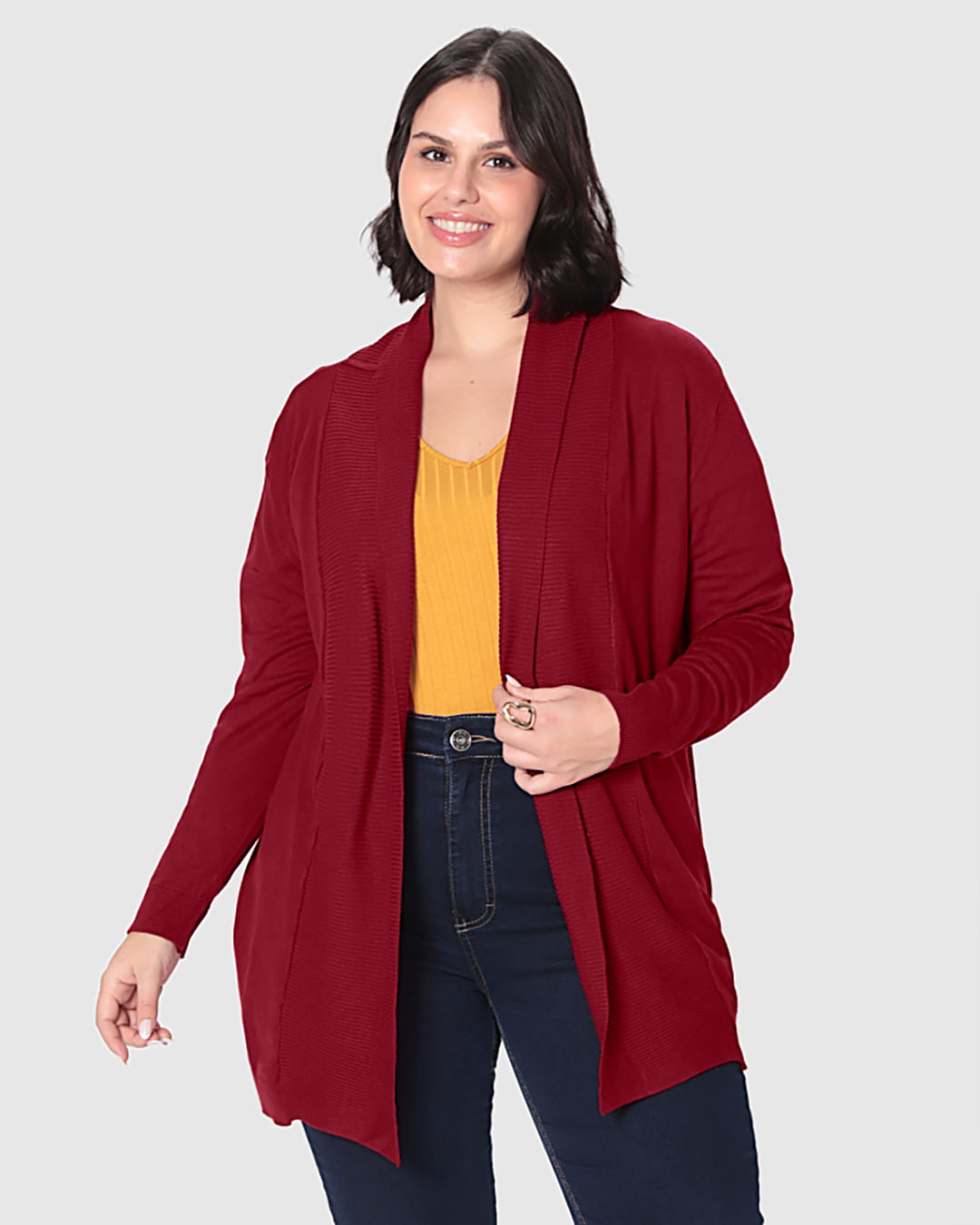 Cardigan Feminino Plus Size Alongado Em Tricô