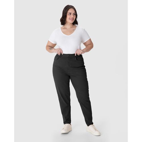 Calça Feminina Plus Size Mom Cintura Alta Ajustável em Sarja Stretch