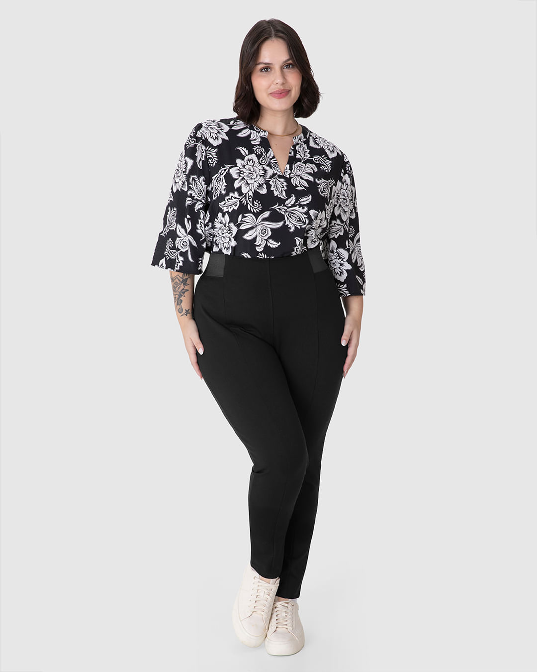 Calça Legging Feminina Plus Size Cós Detalhe Elástico Em Malha Ponto Roma