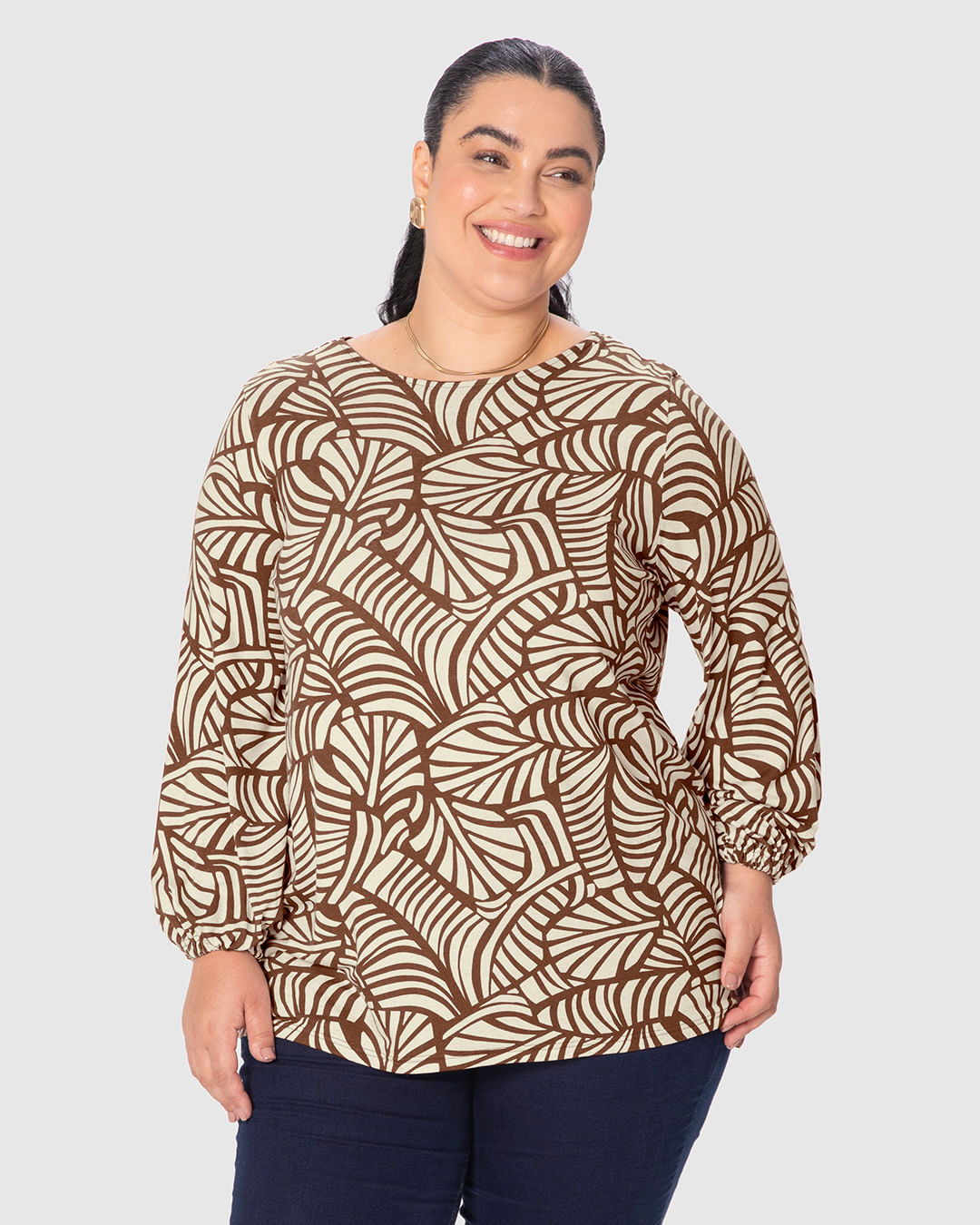 Blusa Feminina Plus Size Ampla Manga Longa Em Malha Viscolinho Stretch