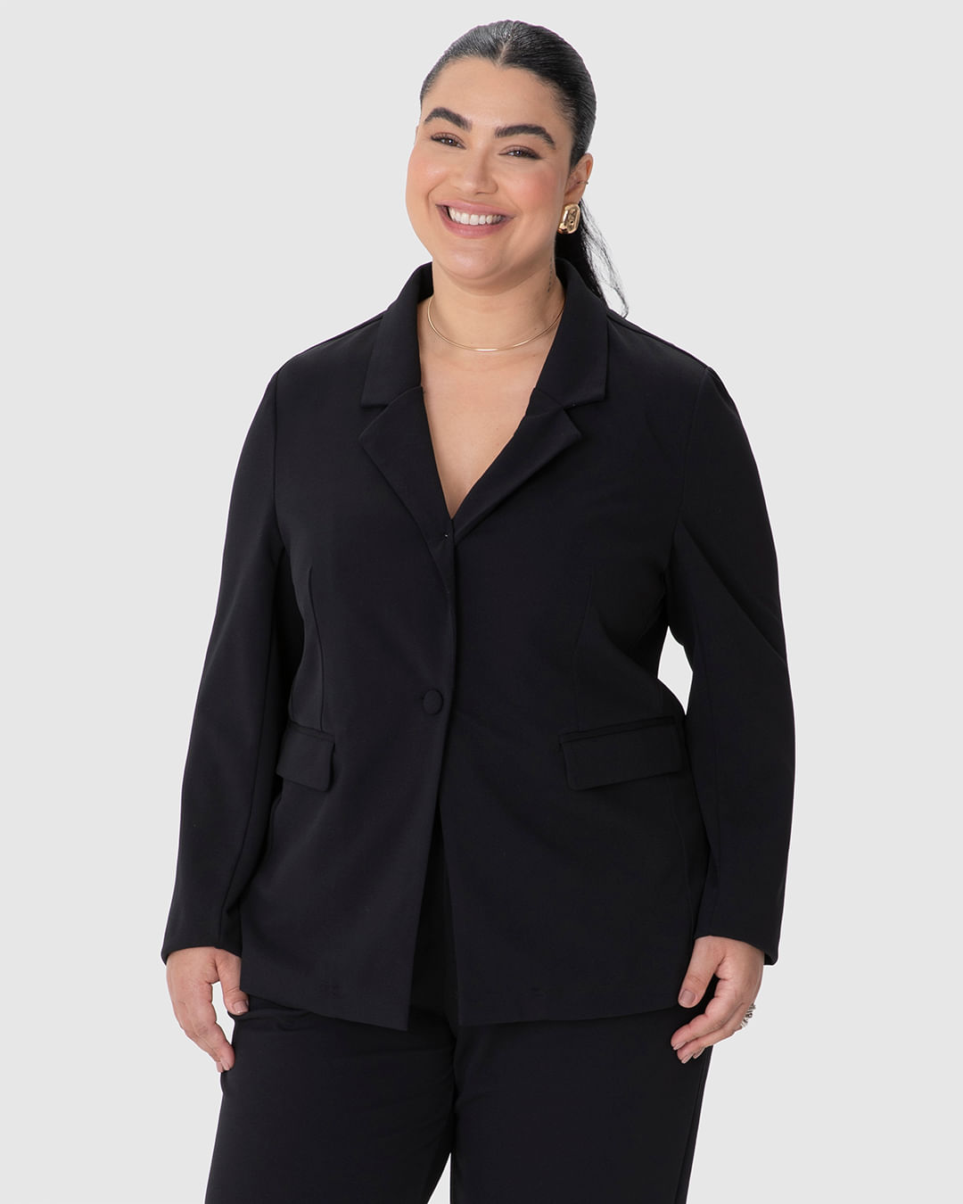 Blazer Feminino Plus Size Reto Abotoamento Único Bolso Funcional Alfaiataria