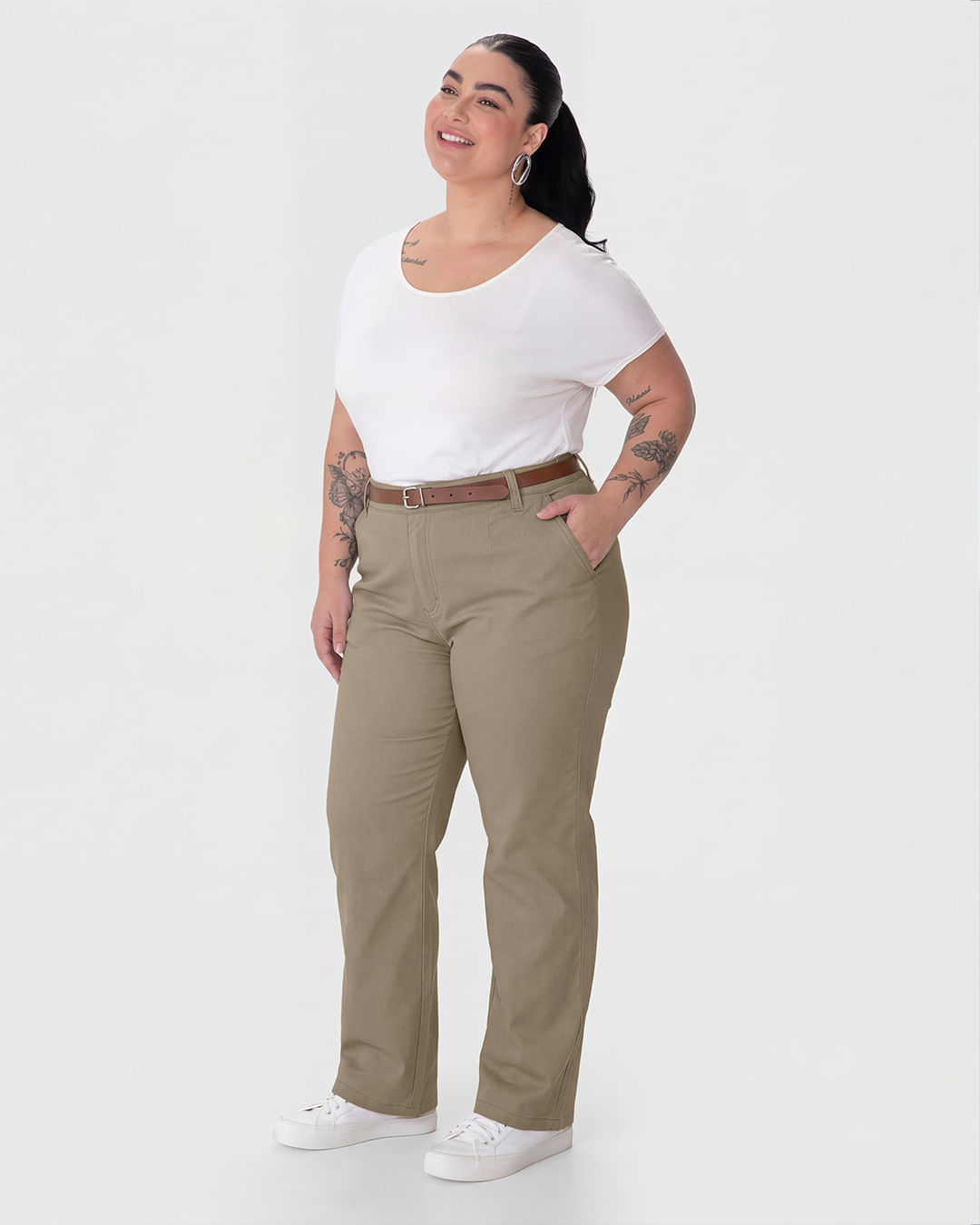 Calça Feminina Plus Size Alfaiataria Acompanha Cinto Em Sarja Stretch