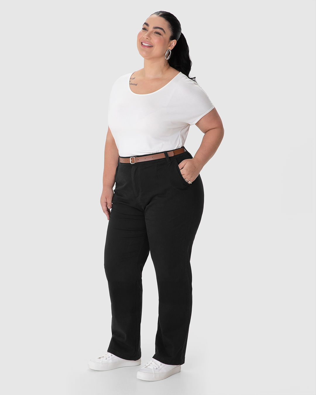 Calça Feminina Plus Size Alfaiataria Acompanha Cinto Em Sarja Stretch
