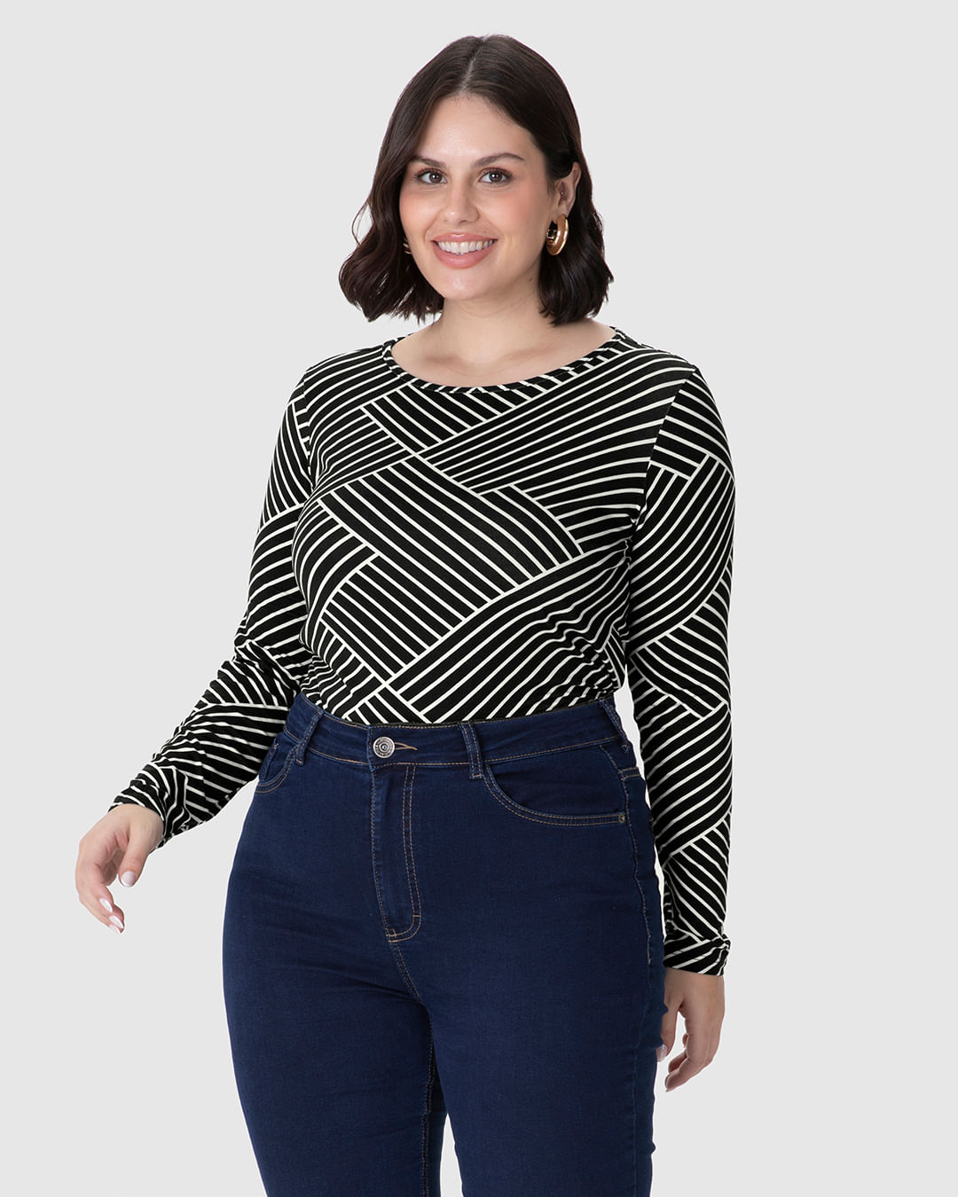 Blusa Feminina Plus Size Estampada Manga Longa Em Viscose Stretch
