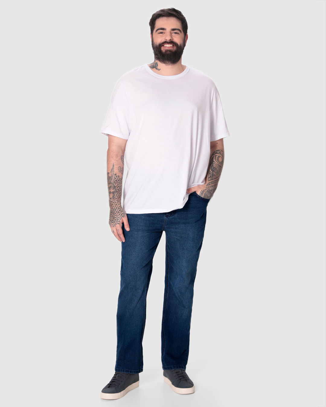 Calça Masculina Plus Size Slim Etiqueta Decorativa Em Jeans Com Elastano