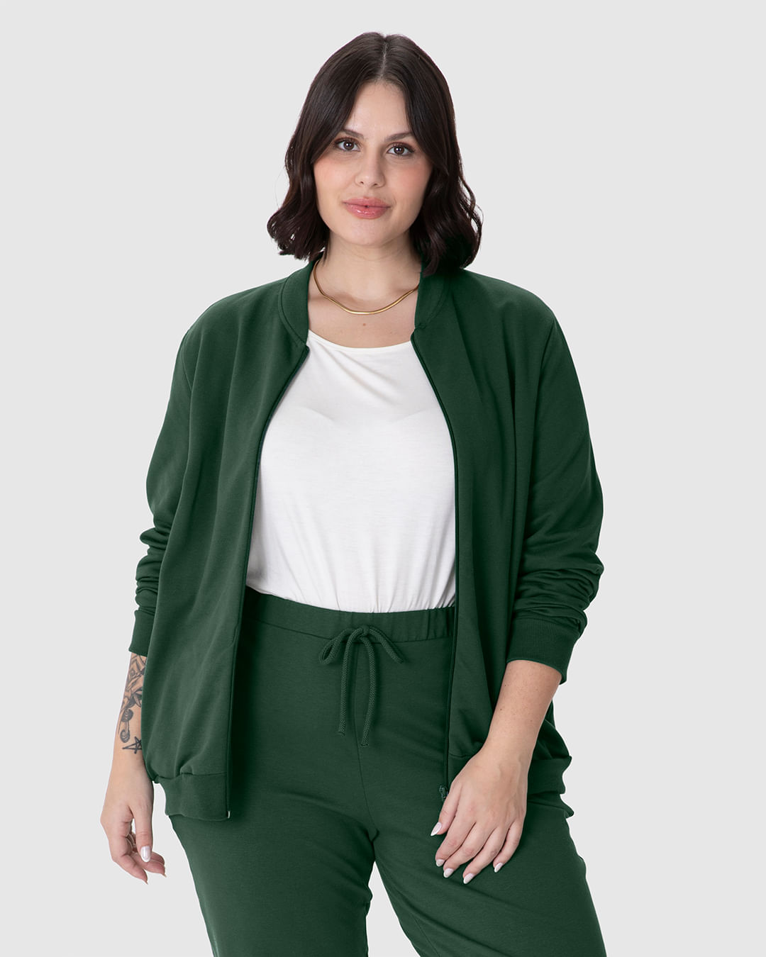 Jaqueta Básica Feminina Plus Size Gola Canelada Em Moletom Flanelado