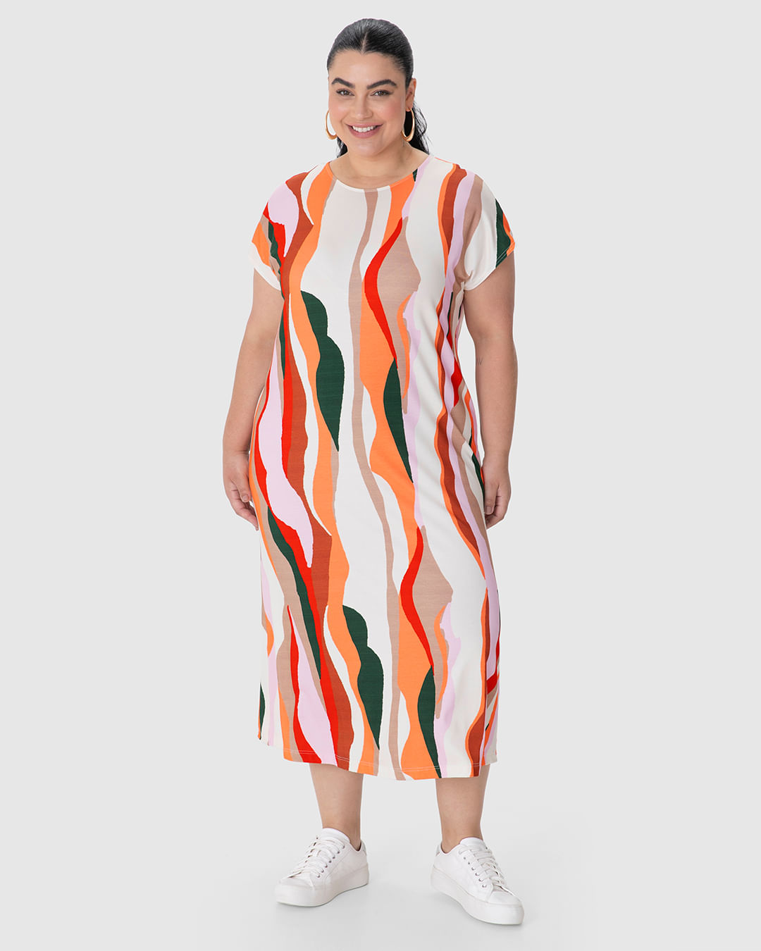 Vestido Midi Feminino Plus Size Evasê Estampado Em Viscose Stretch