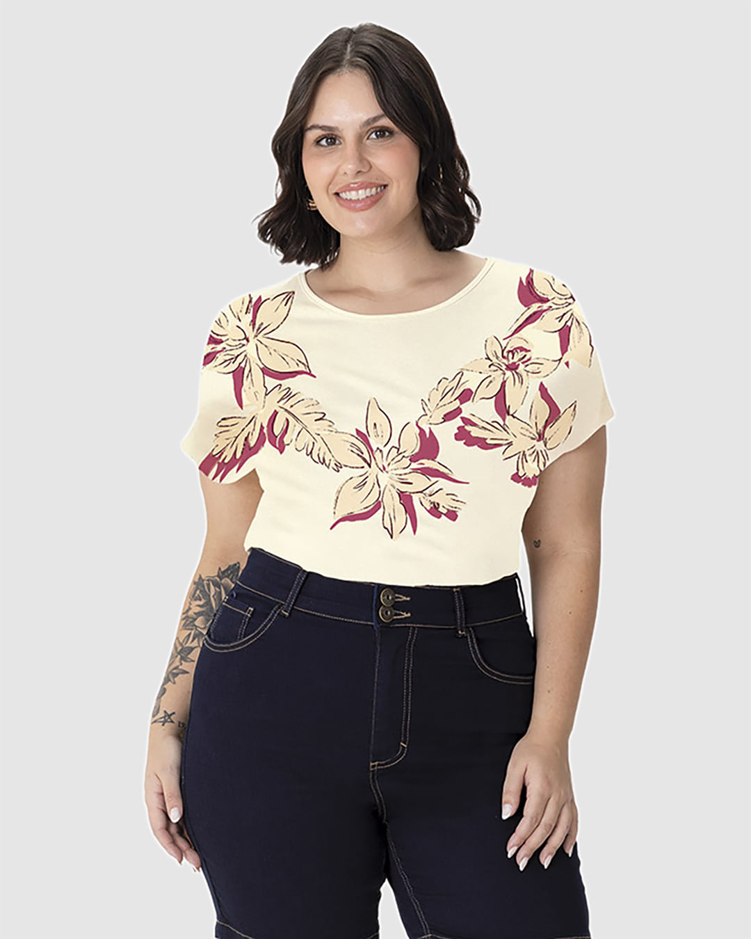 Blusa Feminina Plus Size Ampla Estampada Manga Curta Em Algodão