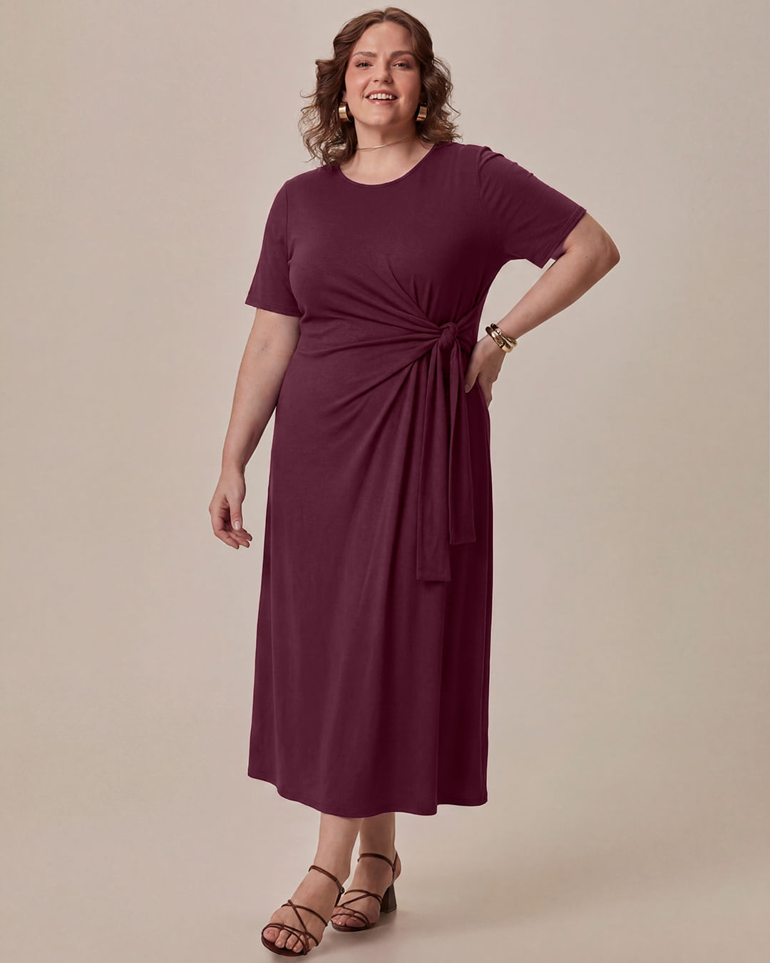 Vestido Midi Feminino Plus Size Detalhe Amarração Em Viscose Stretch