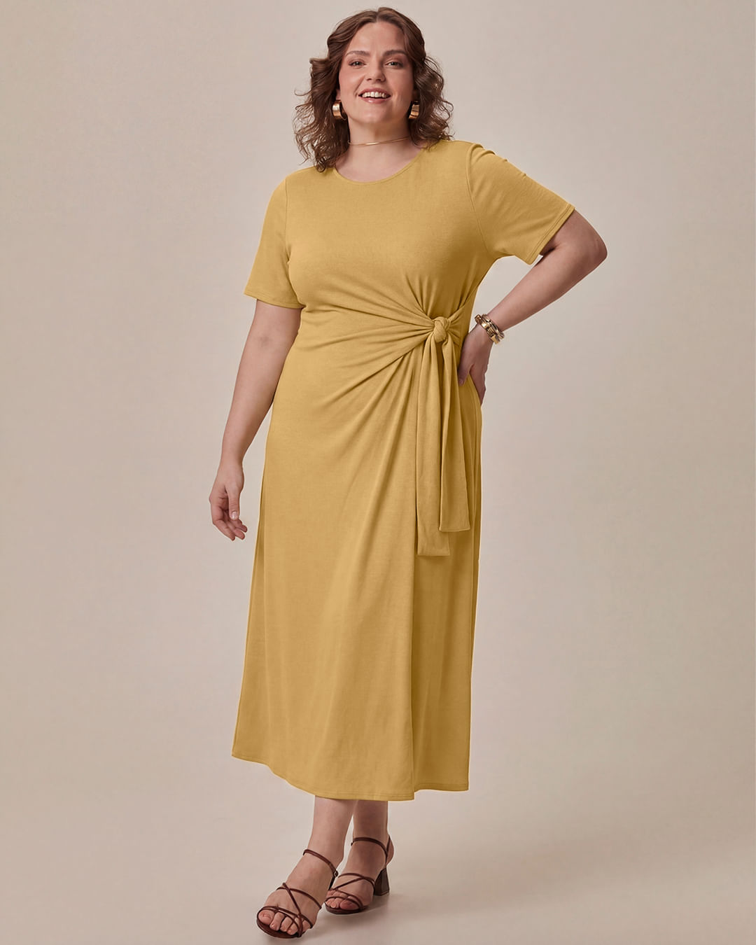 Vestido Midi Feminino Plus Size Detalhe Amarração em Viscose Stretch