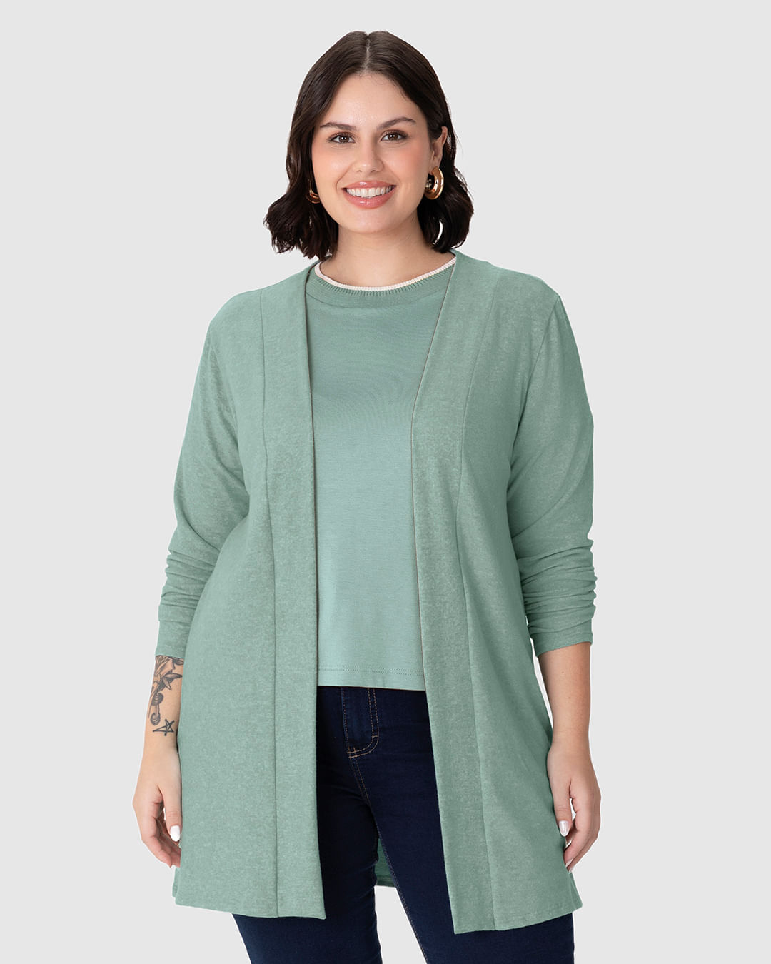 Cardigan Feminino Plus Size Alongado Em Malha Térmica