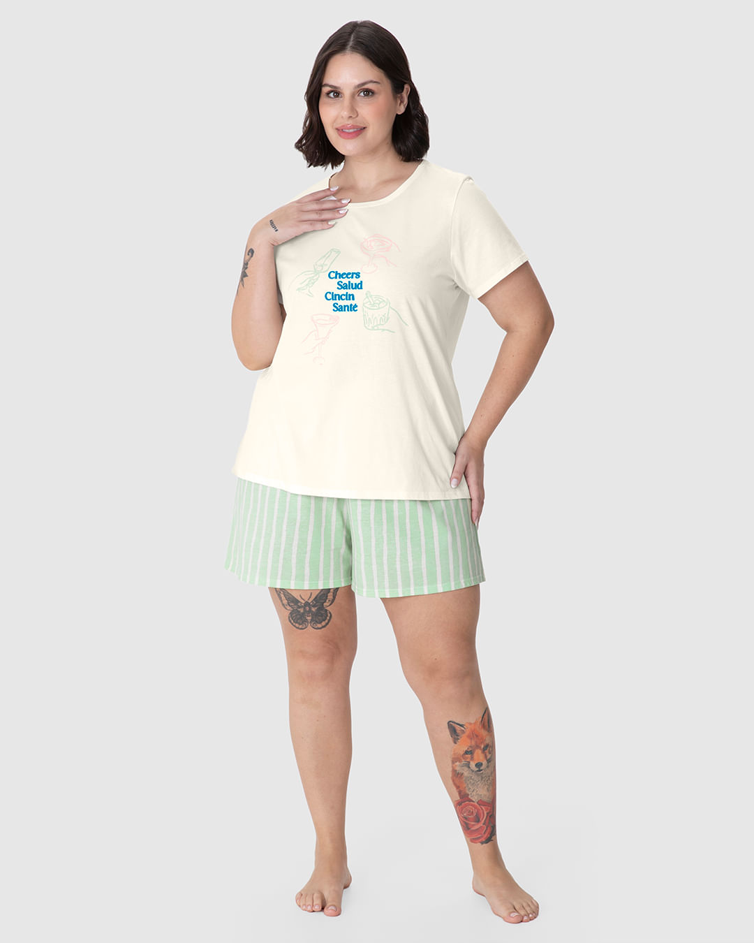 Pijama Curto Feminino Plus Size Cheers Salud em Malha Algodão