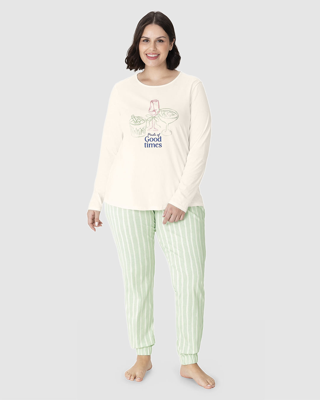 Pijama Longo Feminino Plus Size Made Of Good Times Em Malha Algodão